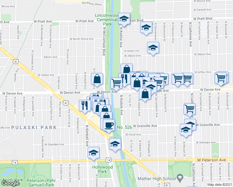 map of restaurants, bars, coffee shops, grocery stores, and more near 6344 North Kedzie Avenue in Chicago