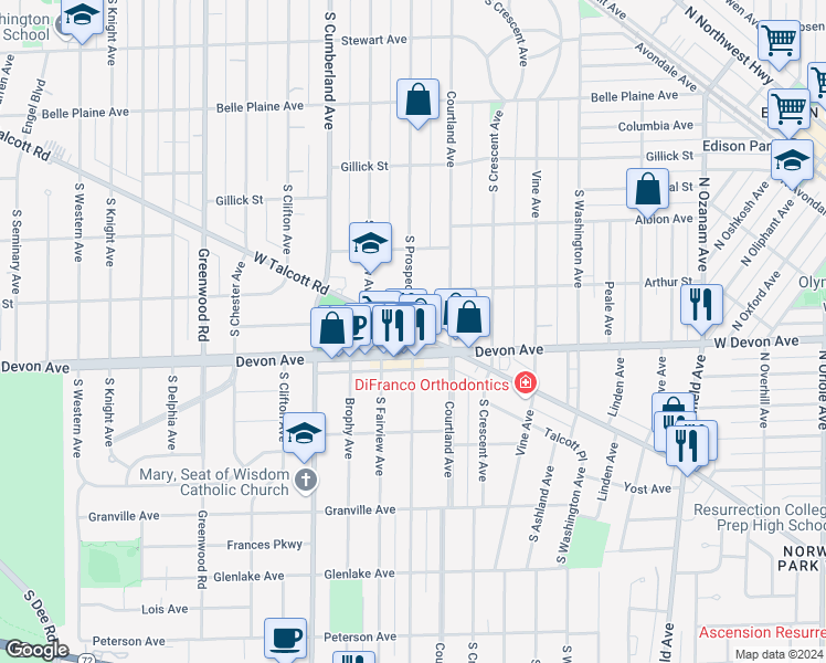 map of restaurants, bars, coffee shops, grocery stores, and more near 621 West Talcott Road in Park Ridge