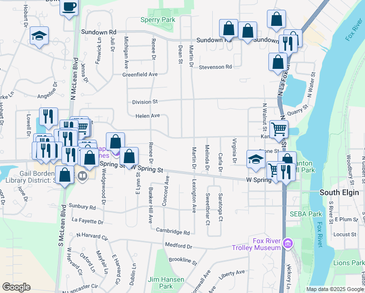 map of restaurants, bars, coffee shops, grocery stores, and more near 759 Kane Street in South Elgin