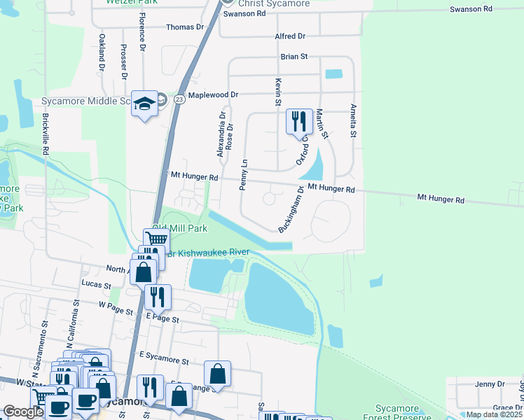 map of restaurants, bars, coffee shops, grocery stores, and more near 927 Arvle Circle in Sycamore