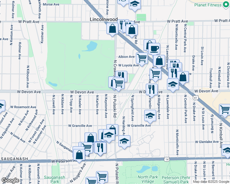 map of restaurants, bars, coffee shops, grocery stores, and more near West Devon Avenue & North Pulaski Road in Chicago