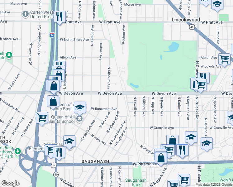 map of restaurants, bars, coffee shops, grocery stores, and more near West Devon Avenue in Chicago