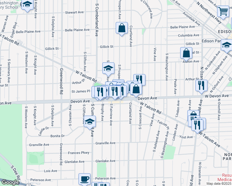 map of restaurants, bars, coffee shops, grocery stores, and more near 800 Devon Avenue in Park Ridge