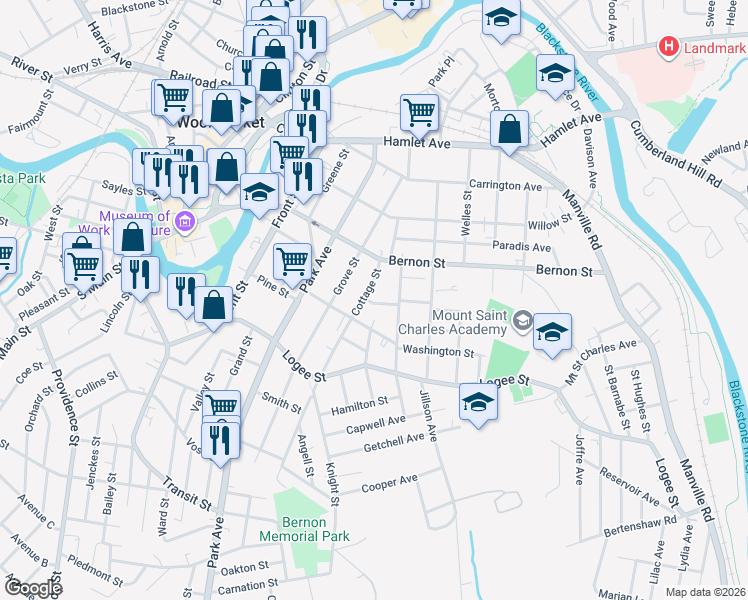 map of restaurants, bars, coffee shops, grocery stores, and more near 39 Unity Street in Woonsocket