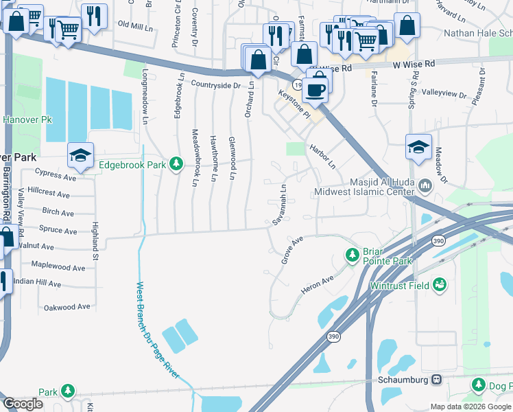 map of restaurants, bars, coffee shops, grocery stores, and more near 6853 Orchard Lane in Hanover Park