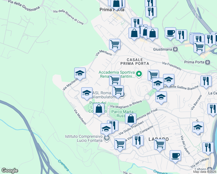 map of restaurants, bars, coffee shops, grocery stores, and more near 56 Via Clauzetto in Roma