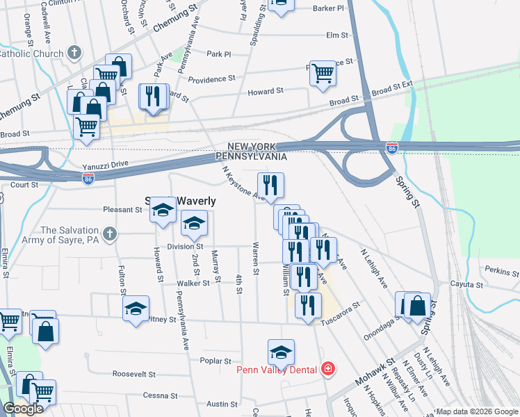 map of restaurants, bars, coffee shops, grocery stores, and more near 100 Henry Street in South Waverly