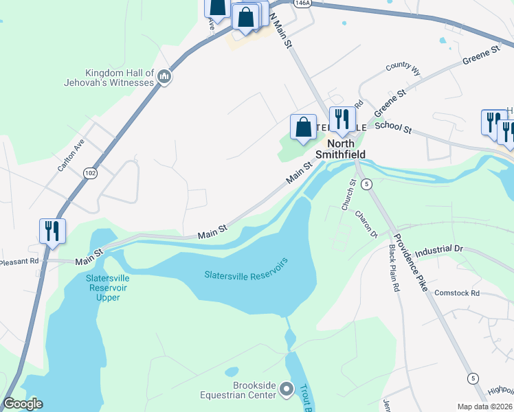 map of restaurants, bars, coffee shops, grocery stores, and more near 94 Main Street in North Smithfield