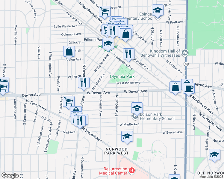 map of restaurants, bars, coffee shops, grocery stores, and more near 7616 West Devon Avenue in Chicago