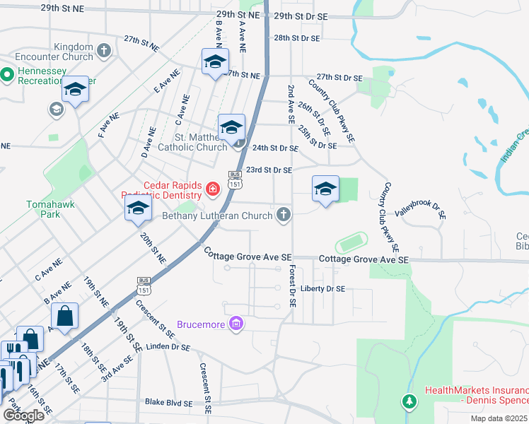 map of restaurants, bars, coffee shops, grocery stores, and more near 151 Thompson Drive Southeast in Cedar Rapids