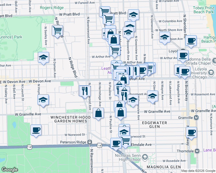 map of restaurants, bars, coffee shops, grocery stores, and more near 6354 North Paulina Street in Chicago