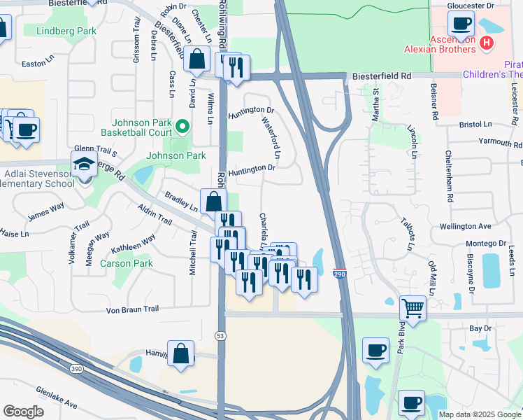 map of restaurants, bars, coffee shops, grocery stores, and more near 991 Charlela Lane in Elk Grove Village