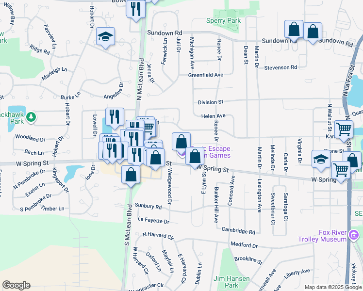 map of restaurants, bars, coffee shops, grocery stores, and more near 343 Stonington Place in South Elgin