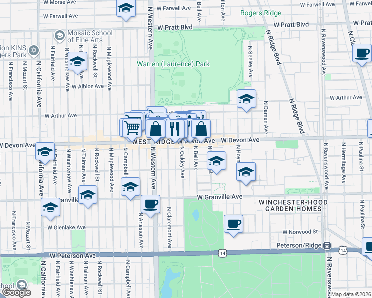 map of restaurants, bars, coffee shops, grocery stores, and more near 6333 North Oakley Avenue in Chicago