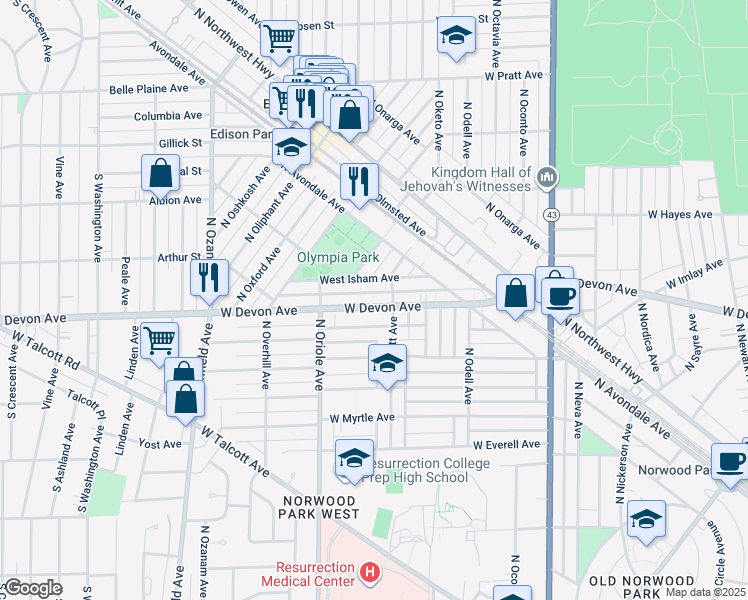 map of restaurants, bars, coffee shops, grocery stores, and more near 7518 West Devon Avenue in Chicago