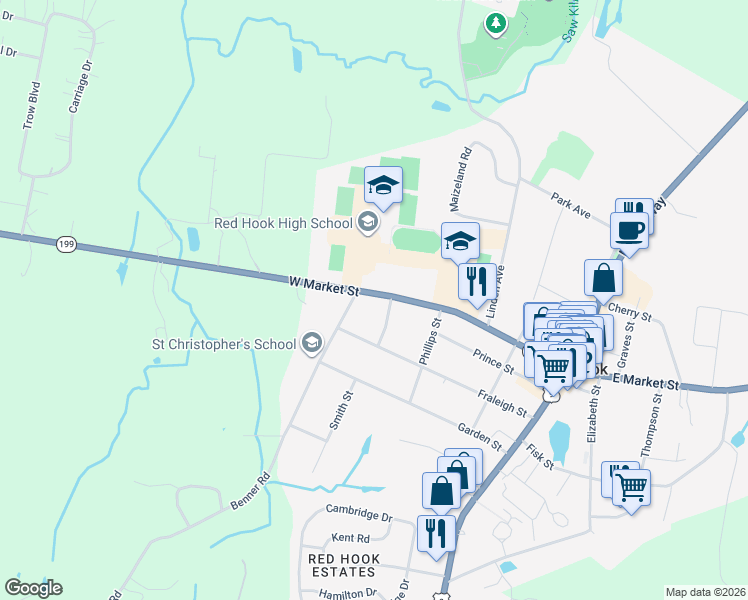 map of restaurants, bars, coffee shops, grocery stores, and more near 94 West Market Street in Red Hook