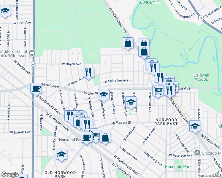 map of restaurants, bars, coffee shops, grocery stores, and more near W Devon Ave & N Oak Park Ave in Chicago