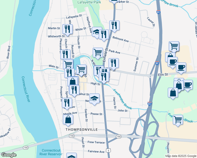 map of restaurants, bars, coffee shops, grocery stores, and more near 904 Enfield Street in Enfield