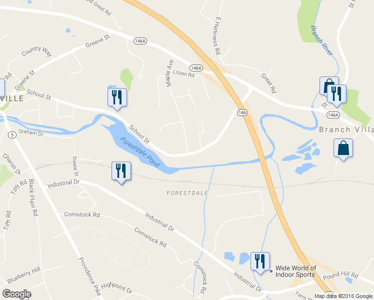 map of restaurants, bars, coffee shops, grocery stores, and more near 134 School Street in North Smithfield