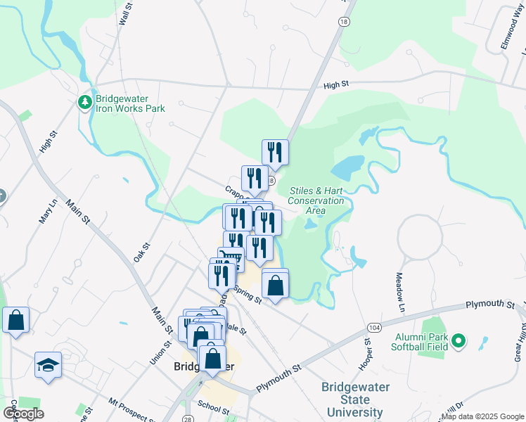 map of restaurants, bars, coffee shops, grocery stores, and more near 252 Broad Street in Bridgewater