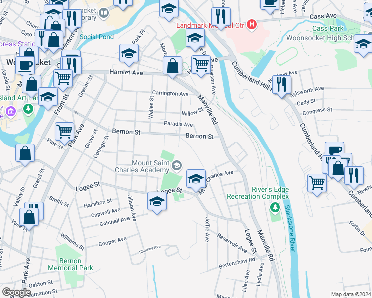 map of restaurants, bars, coffee shops, grocery stores, and more near 901 Bernon Street in Woonsocket
