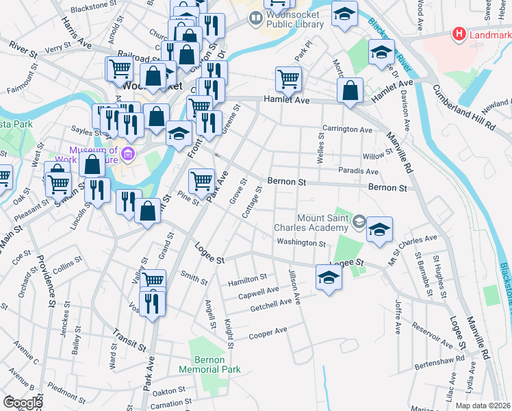 map of restaurants, bars, coffee shops, grocery stores, and more near 39 Unity Street in Woonsocket
