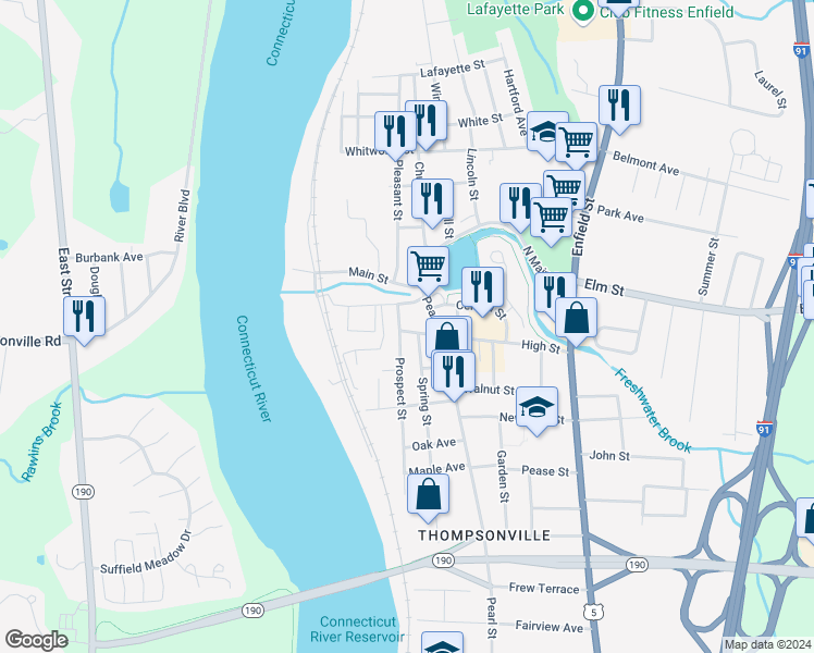 map of restaurants, bars, coffee shops, grocery stores, and more near 28 Prospect Street in Enfield