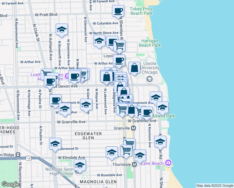map of restaurants, bars, coffee shops, grocery stores, and more near 6321 North Magnolia Avenue in Chicago