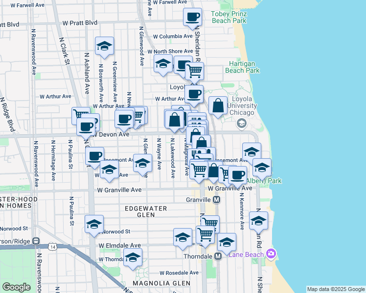 map of restaurants, bars, coffee shops, grocery stores, and more near 6321 North Magnolia Avenue in Chicago