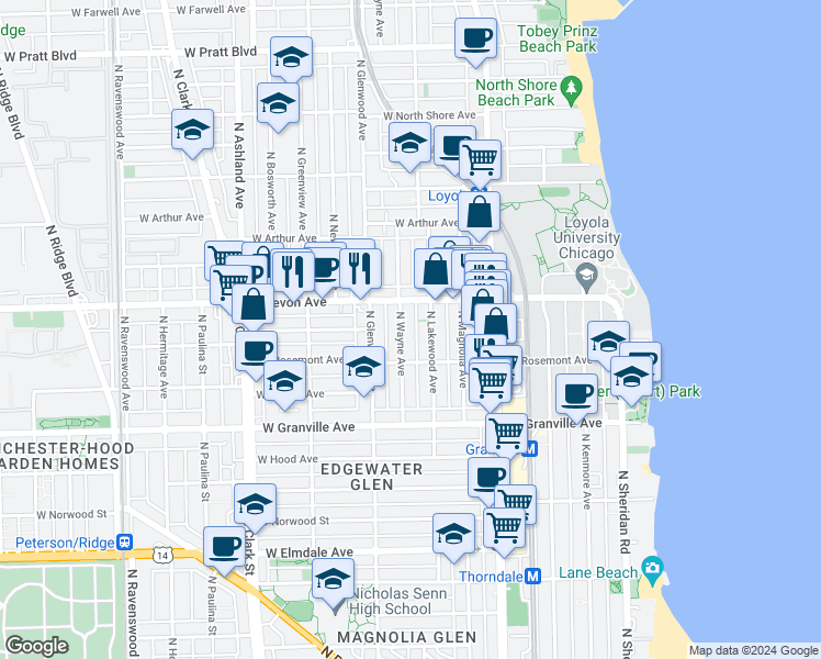map of restaurants, bars, coffee shops, grocery stores, and more near 6322 North Wayne Avenue in Chicago