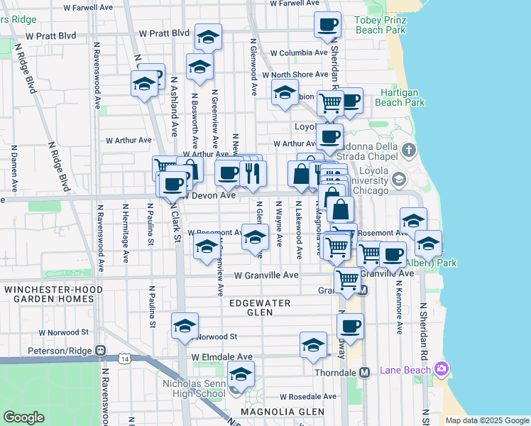map of restaurants, bars, coffee shops, grocery stores, and more near 6322 North Wayne Avenue in Chicago
