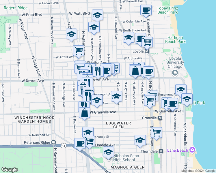 map of restaurants, bars, coffee shops, grocery stores, and more near 1455 West Highland Avenue in Chicago