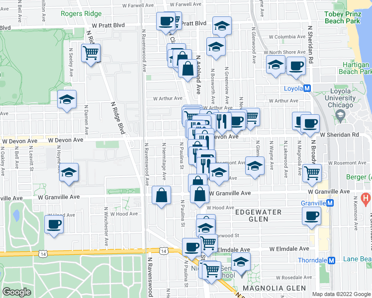map of restaurants, bars, coffee shops, grocery stores, and more near 6350 North Paulina Street in Chicago