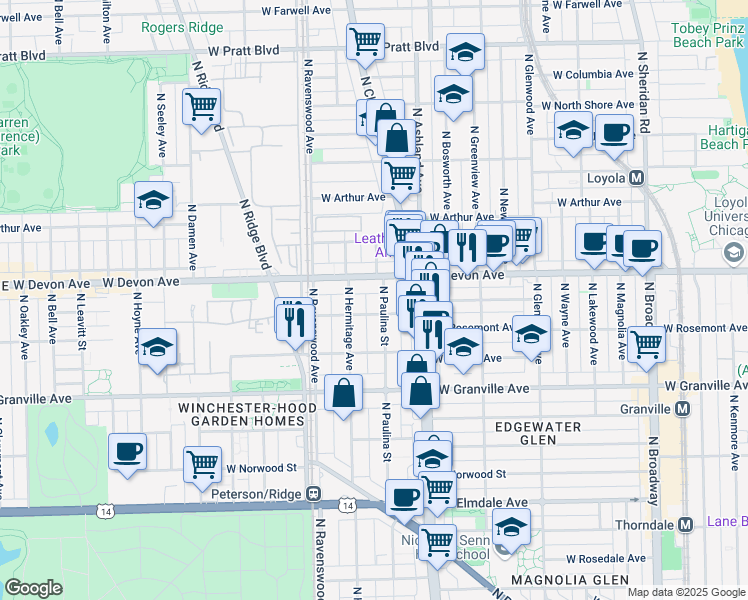 map of restaurants, bars, coffee shops, grocery stores, and more near 6350 North Paulina Street in Chicago