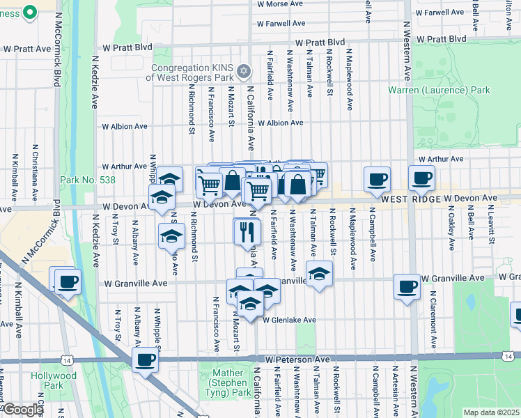 map of restaurants, bars, coffee shops, grocery stores, and more near 6345 North California Avenue in Chicago