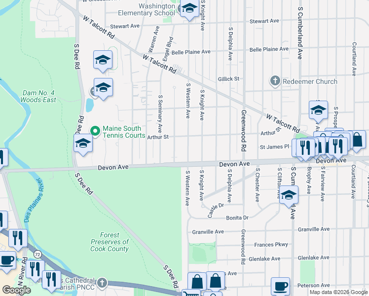 map of restaurants, bars, coffee shops, grocery stores, and more near 1108 South Western Avenue in Park Ridge