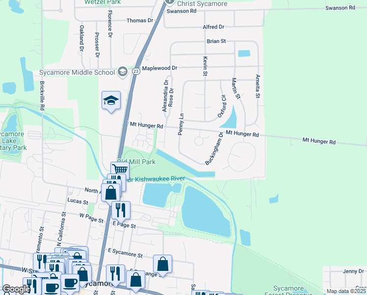 map of restaurants, bars, coffee shops, grocery stores, and more near 115 Penny Lane in Sycamore