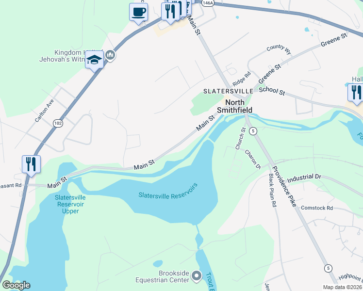 map of restaurants, bars, coffee shops, grocery stores, and more near 94 Main Street in North Smithfield
