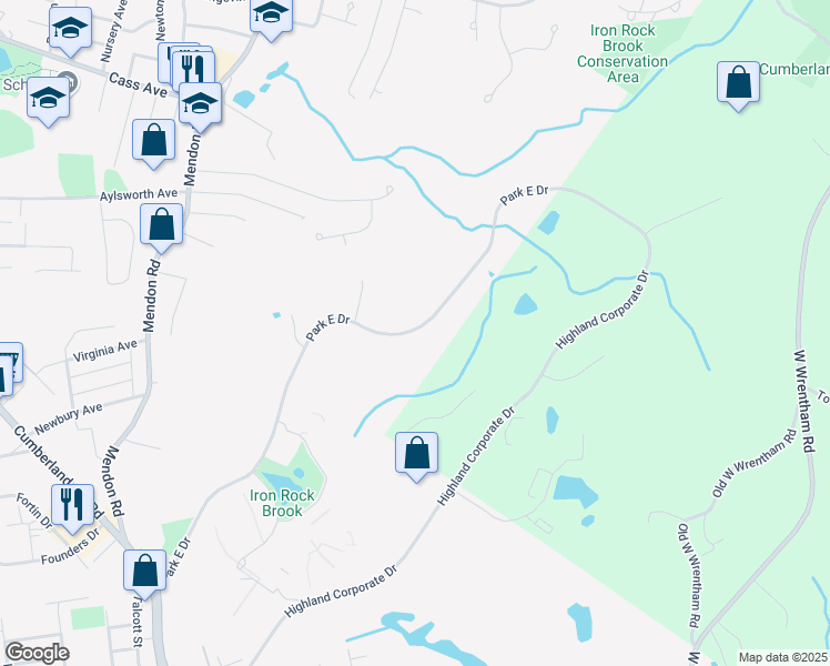map of restaurants, bars, coffee shops, grocery stores, and more near Highland Corporate Drive in Woonsocket