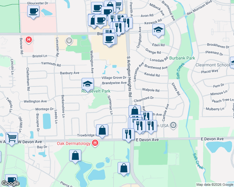 map of restaurants, bars, coffee shops, grocery stores, and more near 114 Buckingham Court in Elk Grove Village