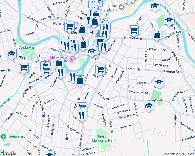 map of restaurants, bars, coffee shops, grocery stores, and more near 81 Pine Street in Woonsocket