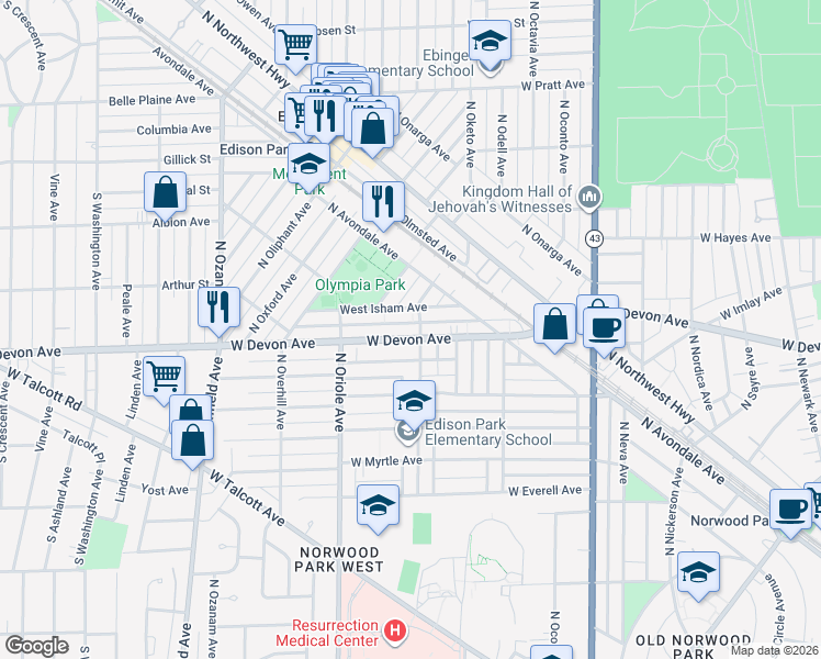 map of restaurants, bars, coffee shops, grocery stores, and more near 7521 West Devon Avenue in Chicago