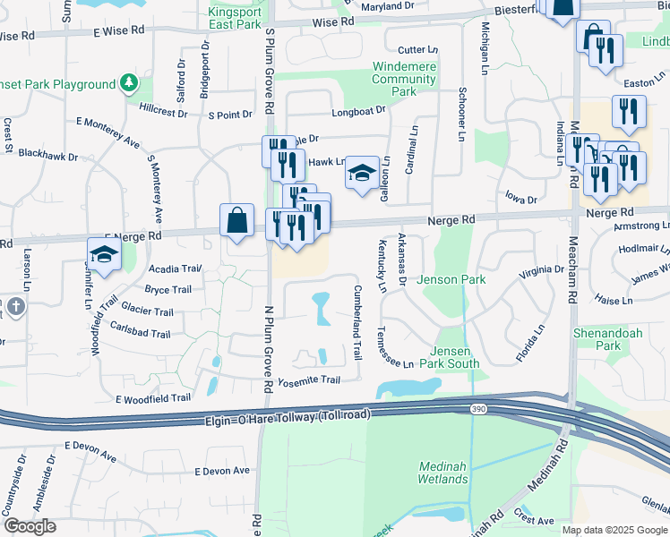 map of restaurants, bars, coffee shops, grocery stores, and more near 950 Cross Creek Drive North in Roselle