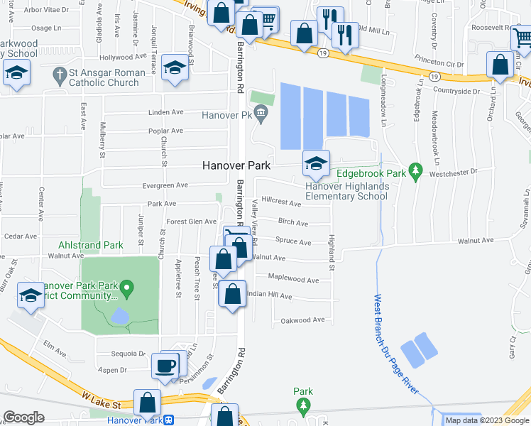 map of restaurants, bars, coffee shops, grocery stores, and more near 1571 Birch Avenue in Hanover Park
