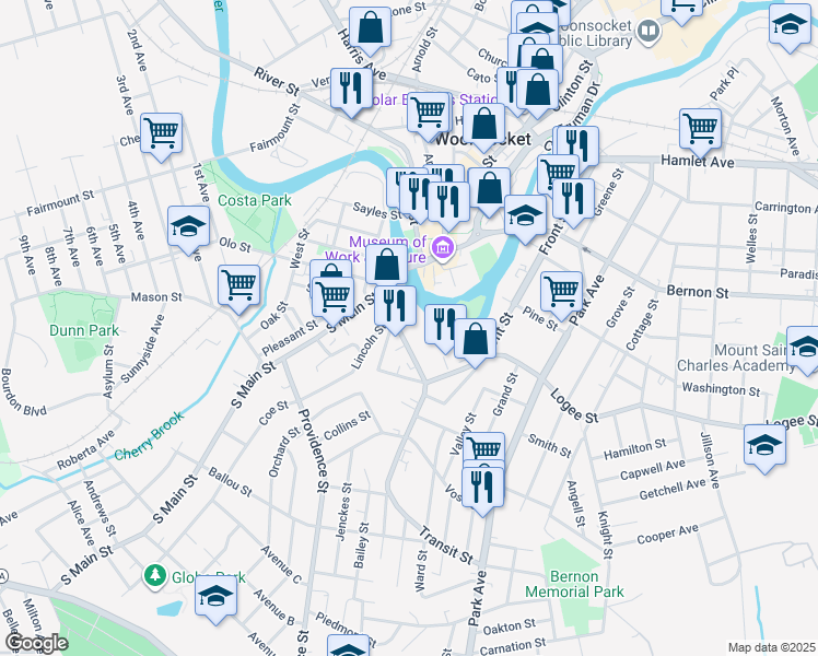 map of restaurants, bars, coffee shops, grocery stores, and more near 719 Front Street in Woonsocket