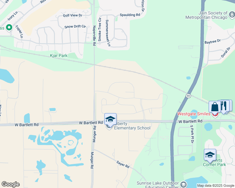 map of restaurants, bars, coffee shops, grocery stores, and more near Naperville Road in Bartlett
