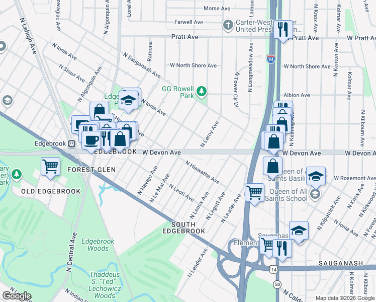 map of restaurants, bars, coffee shops, grocery stores, and more near West Devon Avenue in Chicago
