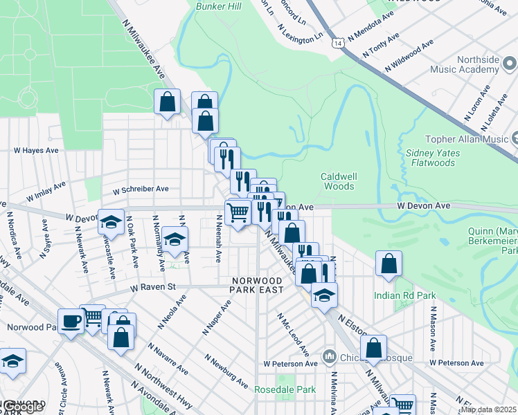 map of restaurants, bars, coffee shops, grocery stores, and more near W Devon Ave & N Nagle Ave in Chicago