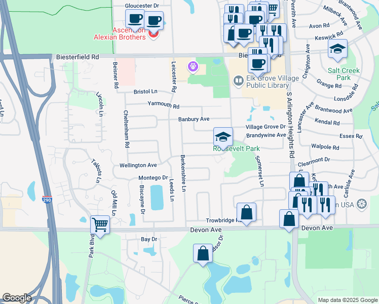 map of restaurants, bars, coffee shops, grocery stores, and more near 399 Wellington Avenue in Elk Grove Village