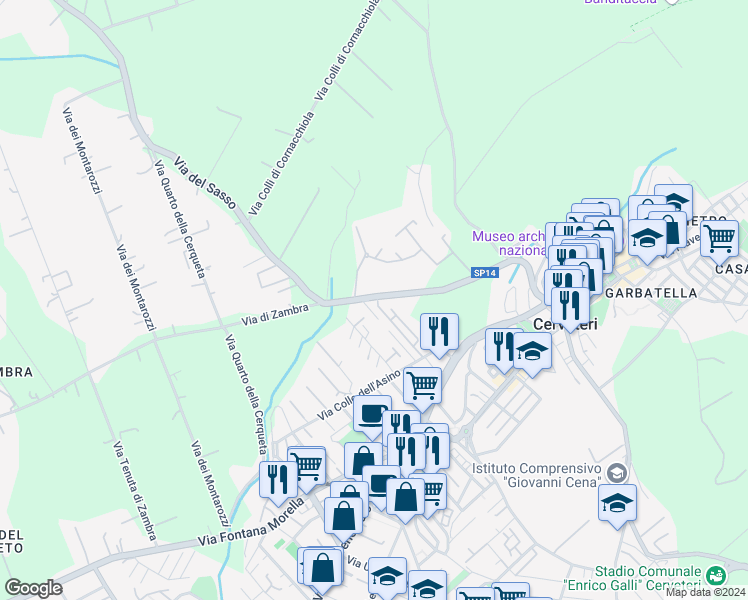 map of restaurants, bars, coffee shops, grocery stores, and more near 7 Via del Sasso in Cerveteri